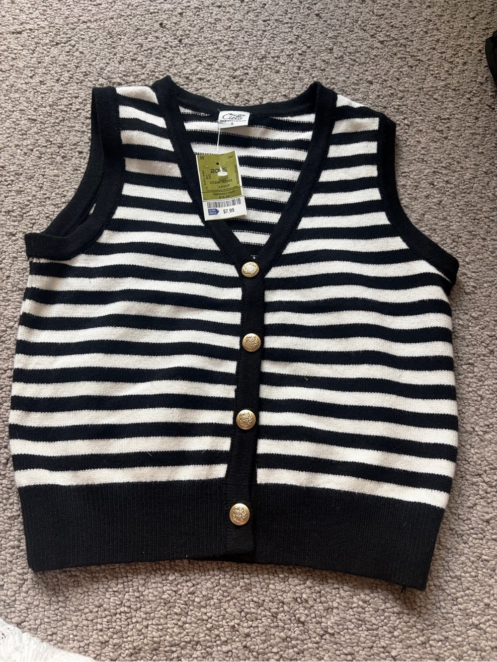 Cielo Black and White Striped Knit Button Vest